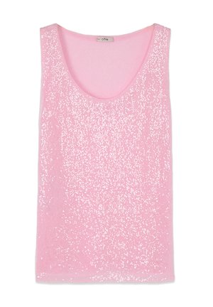Top roz fără mâneci, acoperit cu paiete strălucitoare, cu decolteu rotund și o etichetă de material aproape de guler.
