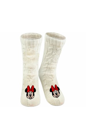 Weiße gestrickte Socken mit einem Zopfmuster, das auf der Vorderseite ein schwarzes und rotes Minnie-Maus-Gesicht zeigt. Strukturiert, mit umgeschlagenen Bündchen.