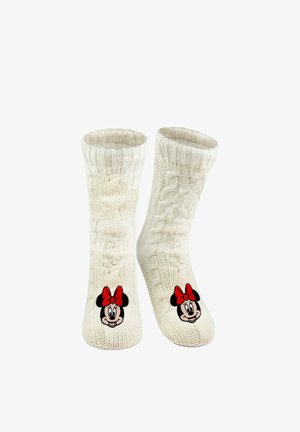 Weiße gestrickte Socken mit einem Zopfmuster, das auf der Vorderseite ein schwarzes und rotes Minnie-Maus-Gesicht zeigt. Strukturiert, mit umgeschlagenen Bündchen.
