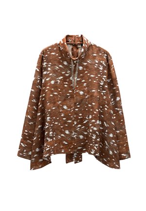 Brązowa i biała wzorzysta kurtka z długim rękawem i kołnierzem, posiadająca zapięcie z przodu oraz luźny, swobodny fason. Miękka tekstura.