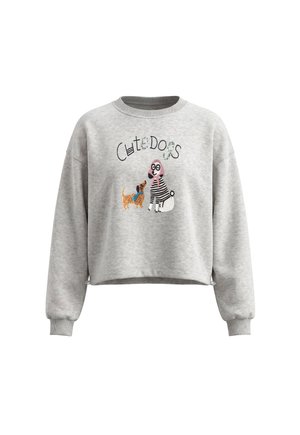 Lysegrå sweatshirt med to tegneseriehunde og teksten "Cute Dogs" broderet foran, med rund halsudskæring og lange ærmer.