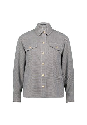 Zwart-witte geblokte blouse met lange mouwen, een knoopsluiting aan de voorkant, twee borstzakken en gouden knopen. Gemaakt van geweven stof.