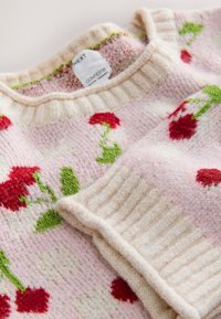 Maglione in misto lana color rosa tenue con motivo floreale rosso. Scollo a girocollo e polsini a costine. Presenta dettagli testurizzati su tutto il tessuto.