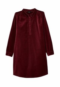 Burgunderfarbenes Samtkleid mit langen Ärmeln, durchgehender Knopfleiste und Kragen. Hat geraffte Schultern und einen leicht geschwungenen Saum.