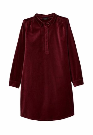 Burgundy velvet dress with long sleeves, button-down front, and a collar. Features gathered shoulders and a slightly curved hemline.
