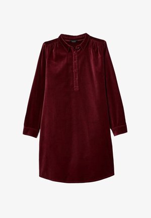 Burgunderfarbenes Samtkleid mit langen Ärmeln, durchgehender Knopfleiste und Kragen. Hat geraffte Schultern und einen leicht geschwungenen Saum.