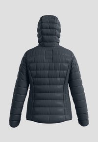 Padded dunkelgraue Jacke mit Kapuze. Verfügt über ein gesteppte Design, glatte Textur und taillierte Silhouette, akzentuiert durch ein Rückenteil.