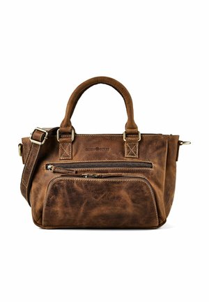 Braune Lederhandtasche mit zwei Griffen, verstellbarem Schulterriemen, Frontreißverschlusstasche und dem geprägten "Greenburry" Logo auf der Vorderseite.