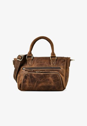 Bolso de mano de cuero marrón con dos asas, correa de hombro ajustable, bolsillo frontal con cremallera y logo "Greenburry" en relieve en el frente.