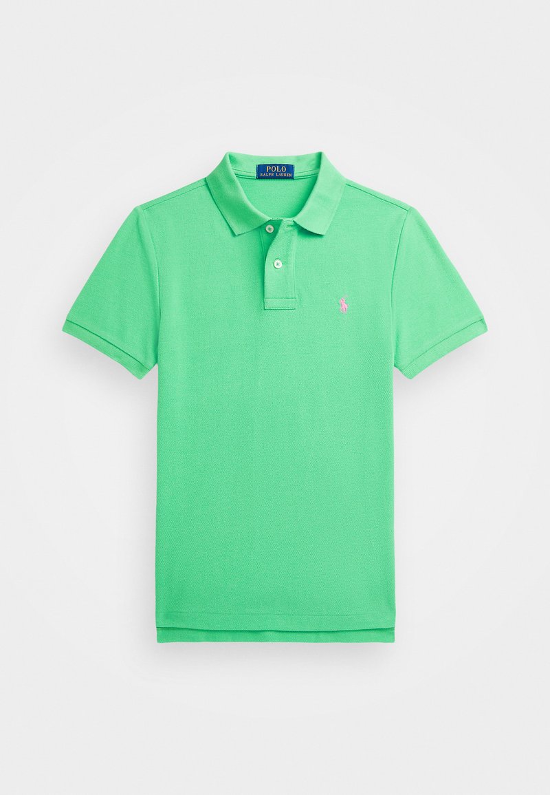 Zelena kratkotrajna polo majica iz teksturiranega bombaža, z običajnim ovratnikom, tremi gumbi in majhnim roza logotipom na prsih.