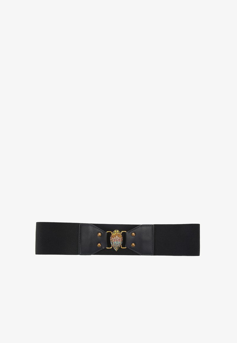Ceinture élastique noire avec une large sangle, dotée d'un fermoir décoratif orné de pierres colorées et d'accents dorés. Texture lisse sur l'ensemble.