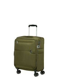 Hard-shell suitcase in olive green fabric, features a telescopic handle, four black wheels, front pockets, and zipper closures.