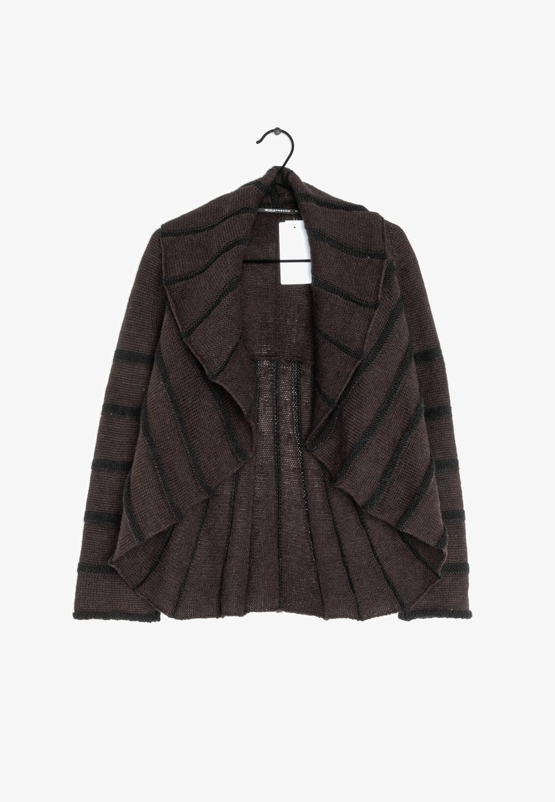 Brown knitted cardigan with black horizontal stripes. Features an open front, draped collar, and ribbed texture on sleeves and hem.
