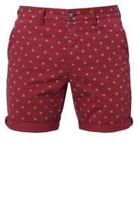 Shorts homme bordeaux avec petit motif losange blanc, fermeture bouton et zip, passants de ceinture, poches latérales et revers roulés.