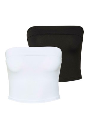 Deux tops tube sans bretelles : un en blanc uni et un en noir uni. Fabriqués en tissu extensible avec une texture lisse et un design ajusté.