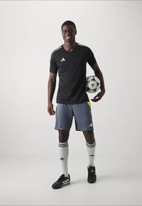 Černý dres Adidas se zelenými akcenty, šedé šortky, bílé ponožky s černými pruhy a černé fotbalové kopačky. Hráč drží fotbalový míč.