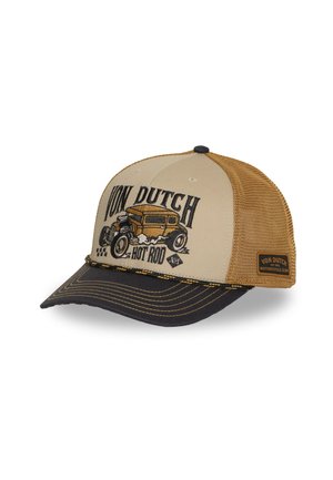 Gorra trucker de malla beige y marrón con visera negra, con gráfico de coche hot rod vintage y texto "Von Dutch Hot Rod" en el panel frontal.