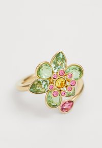 Goldener Blumenring mit grünen und pinkfarbenen Edelsteinen in Tropfen- und Rundformen, mit einem zentralen gelben Stein, umgeben von kleineren Akzenten.