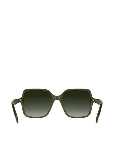 Lunettes de soleil carrées avec des verres dégradés vert foncé et une monture en plastique vert foncé brillante. Elles présentent des branches élégantes et des accents dorés subtils.