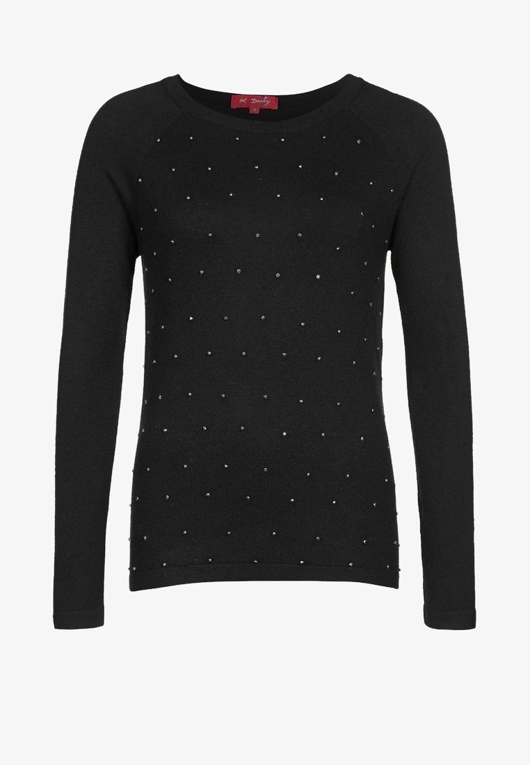 Czarny sweter z miękkiej dzianiny, z okrągłym dekoltem i długimi rękawami, ozdobiony rozrzuconymi srebrnymi ćwiekami.