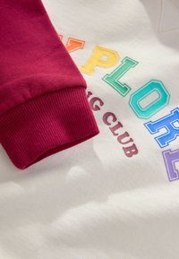 Apvalia kaklu džemperis su balta pagrindine dalimi, bordo spalvos ribbingu rankogaliu ir margomis siuvinėtomis raidėmis „EXPLORING CLUB“. Minkštas audinys.