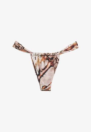 Trekantet bikiniunderdel med abstrakt mønster i brun, beige og sort og snørebånd i siderne på hvid baggrund.