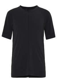Czarny t-shirt z krótkim rękawem i okrągłym dekoltem, z centralnym przeszyciem, w jednolitym kolorze i standardowym kroju.