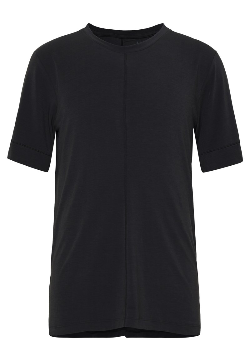 Czarny t-shirt z krótkim rękawem i okrągłym dekoltem, z centralnym przeszyciem, w jednolitym kolorze i standardowym kroju.