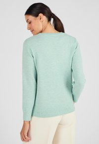 Maglione lavorato a maglia verde menta chiaro con maniche lunghe e orlo a coste, caratterizzato da un design semplice e un tessuto testurizzato.