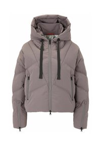 Gesteppten Jacke in Hellgrau, mit Kapuze, Frontreißverschluss und zwei seitlichen Reißverschlusstaschen. Das Material hat eine glatte, glänzende Oberfläche.