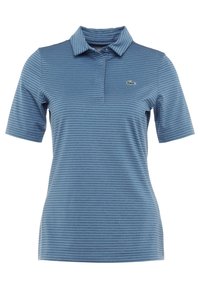 Blå kortärmad pikétröja med tunna horisontella ränder och en liten grön krokodil-logga på vänster bröst.