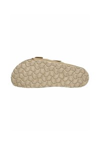 Semelle de chaussure beige avec une surface texturée arborant des motifs circulaires. Elle comprend deux sangles réglables en haut pour un ajustement sécurisé.