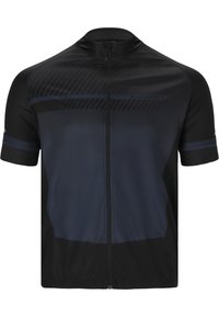 Maillot de cyclisme à manches courtes noir et bleu foncé avec fermeture éclair frontale et motif subtil de rayures diagonales sur la poitrine.