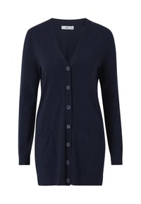 Navyblauer Cardigan aus einem weichen Material, mit V-Ausschnitt, langen Ärmeln, sechs Knöpfen und zwei Fronttaschen.