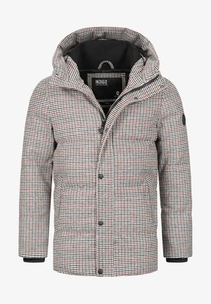 Gepolsterte Winterjacke im Nadelstreifen-Muster mit Schwarz, Weiß und Rot, ausgestattet mit kapuze, Reißverschluss und Seitentaschen.