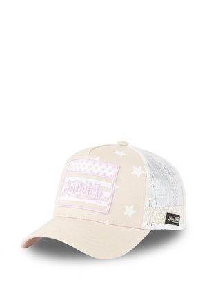 Casquette de baseball beige Von Dutch avec des étoiles blanches, dos en mesh et un patch avant présentant un drapeau américain stylisé et un texte de logo.