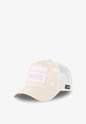 Casquette de baseball beige Von Dutch avec des étoiles blanches, dos en mesh et un patch avant présentant un drapeau américain stylisé et un texte de logo.