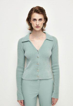 Light teal, long-sleeve cardigan with a v-neck, textured material, and five gold buttons down the front. Frayed hem and collar edges.