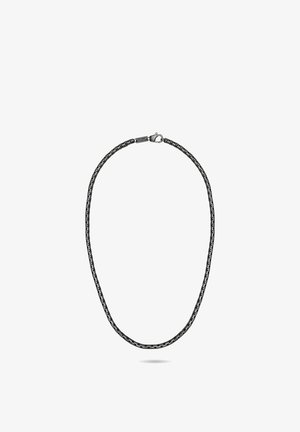 Zwarte metalen ketting met een glad, in elkaar grijpbaar ontwerp en een veilige sluiting. Heeft een strak, gelijkmatig oppervlak over de gehele lengte.