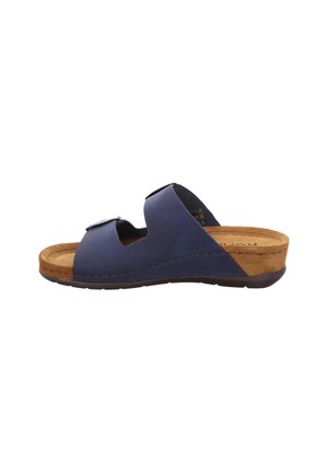 Navyblaue Leder-Sandale mit offenem Zehenbereich, zwei breiten Riemen und einem Korkfußbett. Die strukturierte Sohle und die Akzentnähte runden das Design ab.