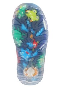 Transparante zool met kleurrijke stervormen in groen, blauw, geel en oranje. Patronen en texturen creëren een abstract ontwerp.