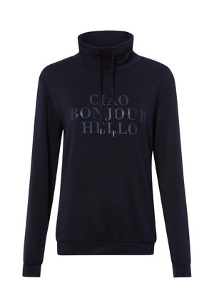 Marineblauwe sweatshirt met lange mouwen en een hoge capuchon met trekkoord, met de woorden "CIAO BONJOUR HELLO" in grote letters over de borst.