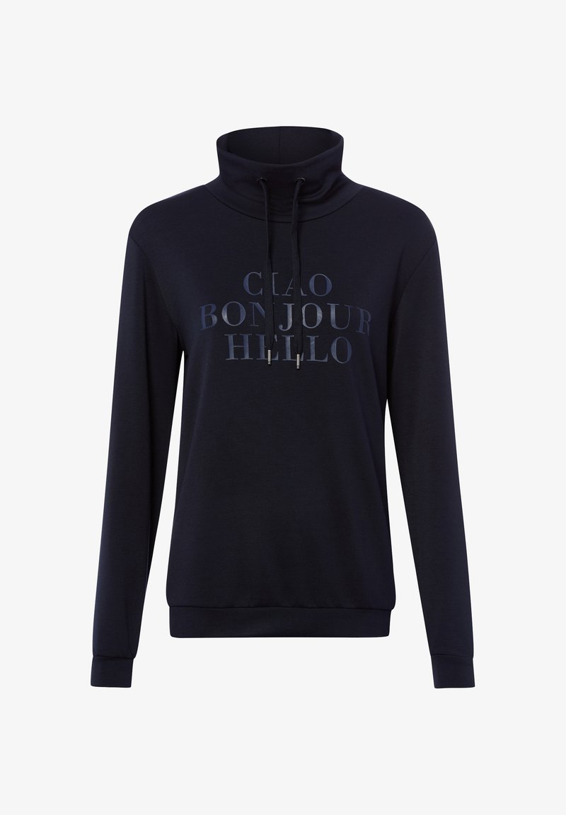 Marineblauer Langarm-Sweatshirt mit hohem Kordelzug am Kragen, auf der Brust prangt der Schriftzug "CIAO BONJOUR HELLO" in großen Buchstaben.