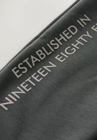 Grauer Textilstoff mit geprägtem weißem Text "ESTABLISHED IN NINETEEN EIGHTY." Der Stoff wirkt weich und hat eine dezente Struktur.
