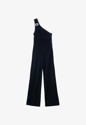 Zwart, one-shoulder jumpsuit van zacht materiaal met een gestructureerde draping en een ronde accent op de schouder. Wijde broekspijpen.
