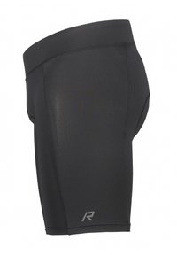 Pantalones cortos deportivos negros de tela elástica, con un diseño ajustado, textura suave y un logo reflectante en el lado inferior.