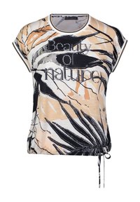 Short-sleeve top featuring a leaf pattern in beige, black, and white, with "Beauty of nature" text and a drawstring detail at the hem.