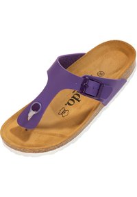 Sandalini viola con una soletta in sughero sagomato, cinturino regolabile, texture liscia e suola in gomma bianca. Presenta un inserto tra le dita e un accento circolare.