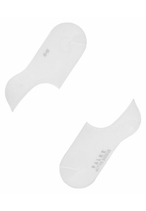White no-show socks, made from a smooth, lightweight fabric. Features a seamless design and subtle branding on the bottom.