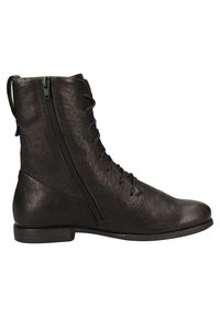 Schwarzer Leder-Ankle-Boot mit strukturierter Oberfläche, Schnürung vorne und seitlichem Reißverschluss für einfachen Zugang. Flache Sohle und konisches Design.